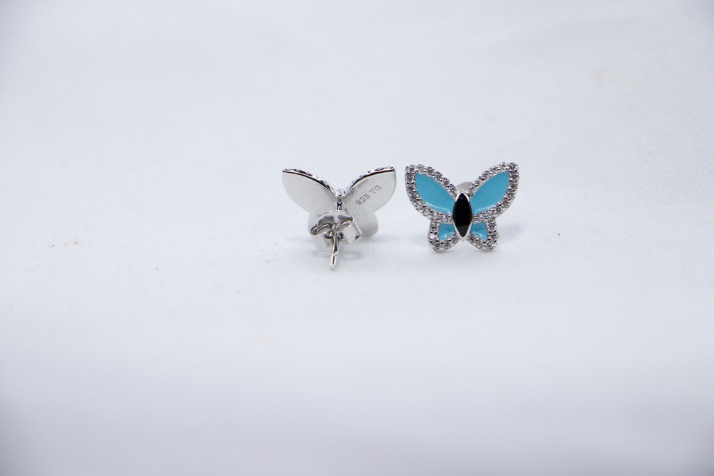 Celestial Blue Butterfly Stud Earrings with Cubic Zirconia - fine Jewelry for Women back view. 