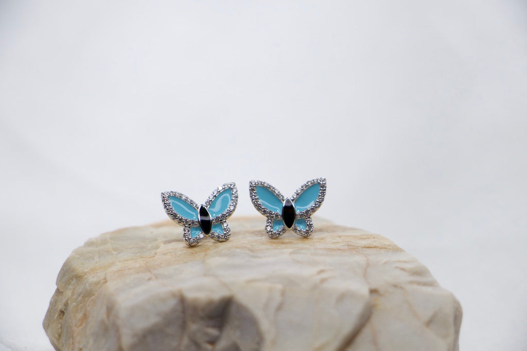 Celestial Blue Butterfly Stud Earrings with Cubic Zirconia - fine Jewelry for Women rock view. 