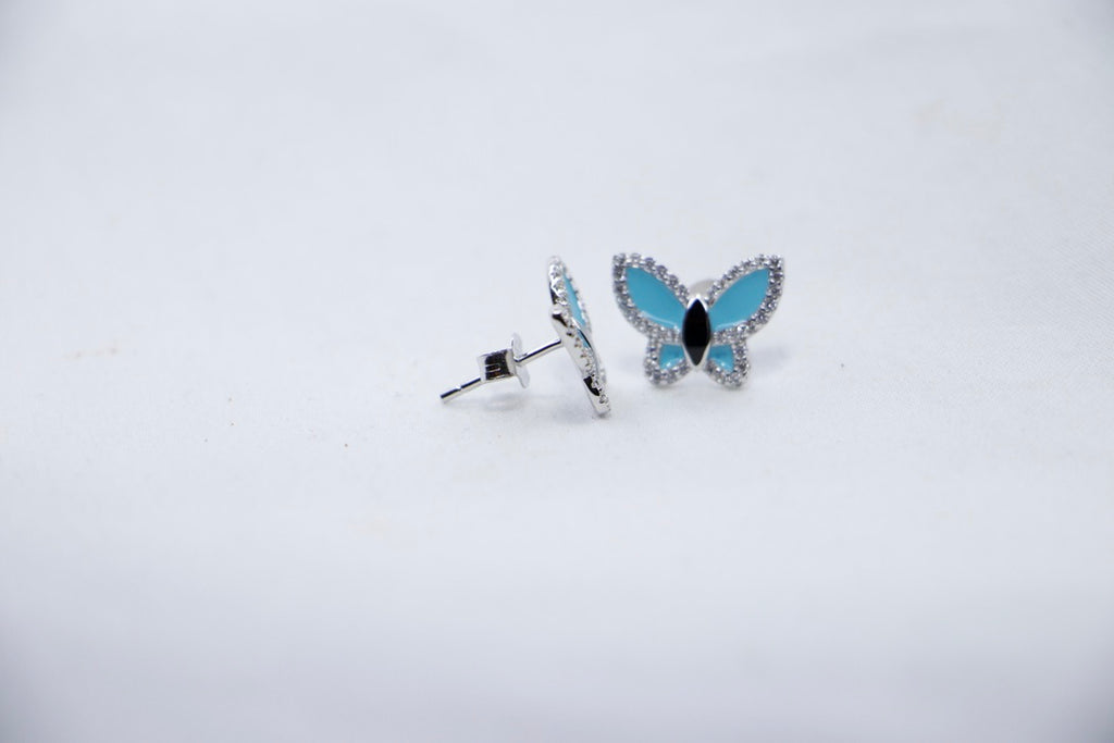 Celestial Blue Butterfly Stud Earrings with Cubic Zirconia - fine Jewelry for Women side back view. 