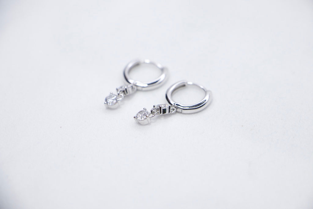 Silver Hoop Earrings with Dangle and Cubic Zirconia with Sparkling Minimalist Jewelry for Women side view.