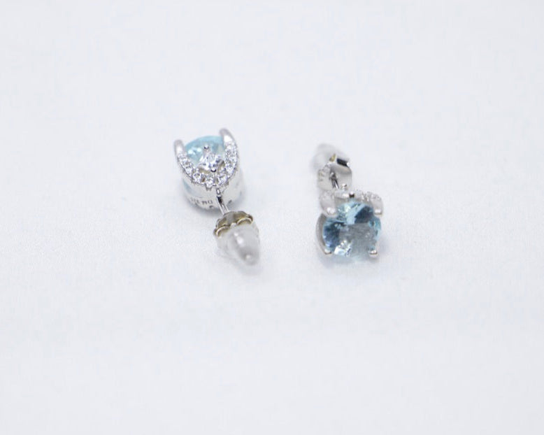 Sky Blue Topaz Halo Stud Earrings with Cubic Zirconia - Blue Gemstone Jewelry, Gift for Her, top view.