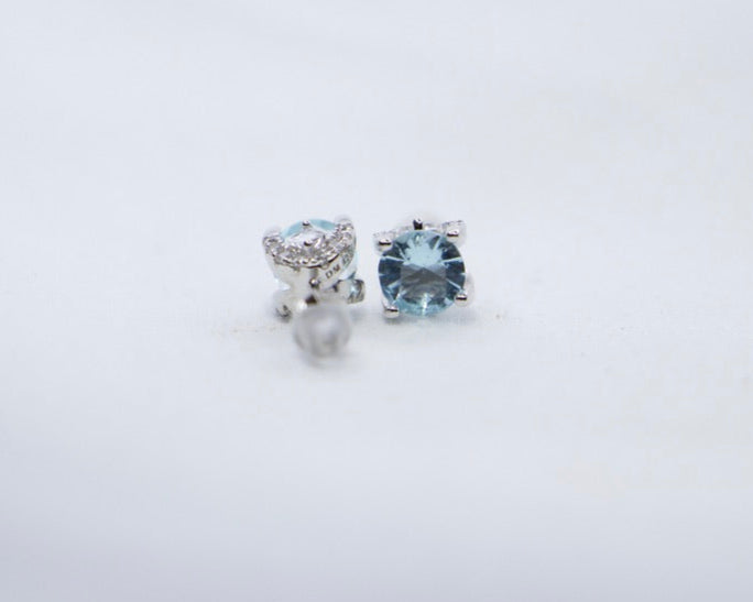 Sky Blue Topaz Halo Stud Earrings with Cubic Zirconia - Blue Gemstone Jewelry, Gift for Her, back view.