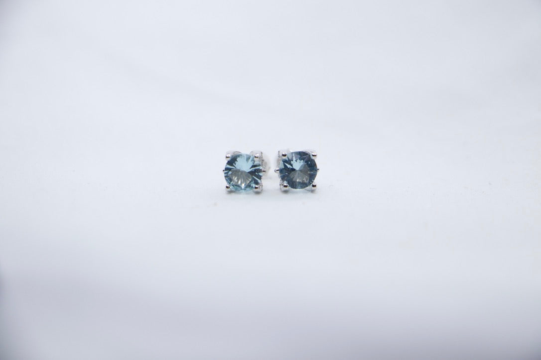Sky Blue Topaz Halo Stud Earrings with Cubic Zirconia - Blue Gemstone Jewelry, Gift for Her, front view.