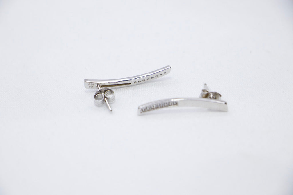 Silver Bar Stud Earrings with Cubic Zirconia with Minimalist Modern Jewelry for Women, top side view.