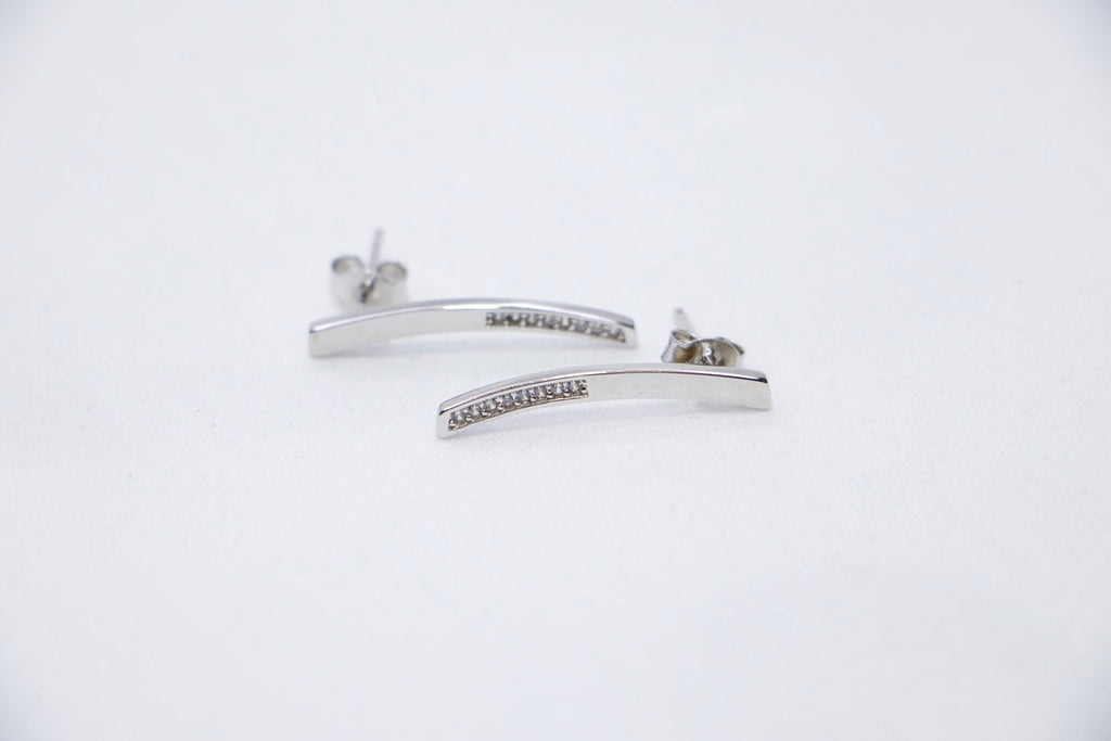 Silver Bar Stud Earrings with Cubic Zirconia with Minimalist Modern Jewelry for Women, side views.