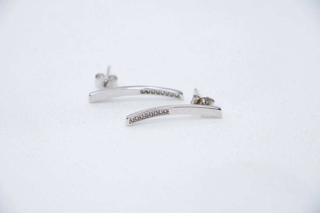 Silver Bar Stud Earrings with Cubic Zirconia with Minimalist Modern Jewelry for Women, side views.