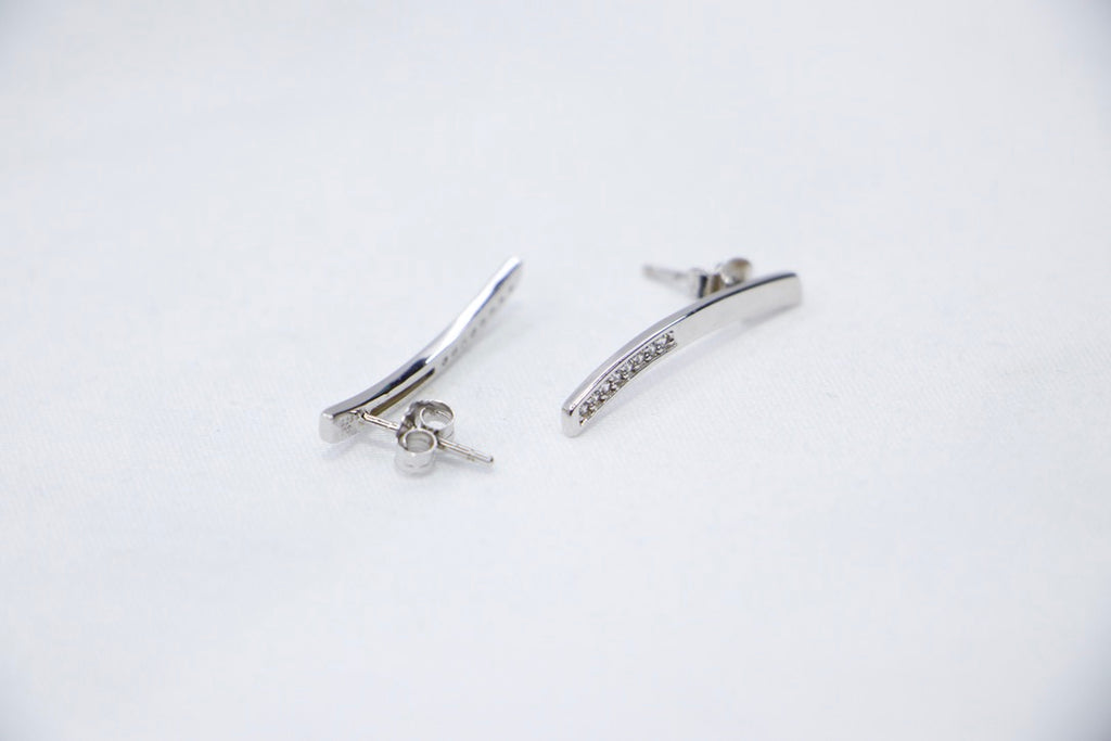 Silver Bar Stud Earrings with Cubic Zirconia with Minimalist Modern Jewelry for Women, sides view.