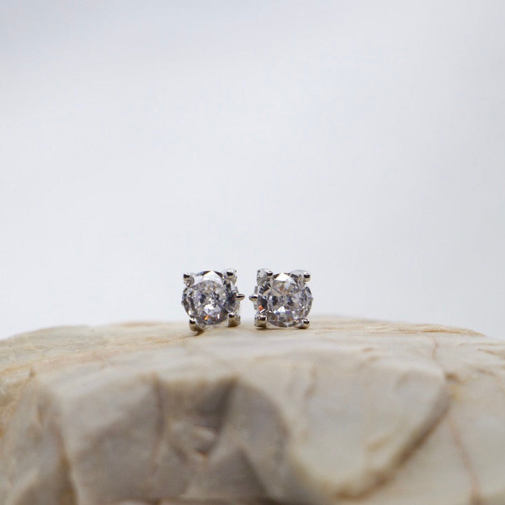 Cubic Zirconia Sterling Silver Stud Earrings - Minimalist, Hypoallergenic, Classic Gift rock view. 