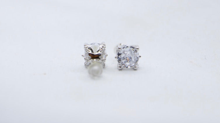 Cubic Zirconia Sterling Silver Stud Earrings - Minimalist, Hypoallergenic, Classic Gift back view. 