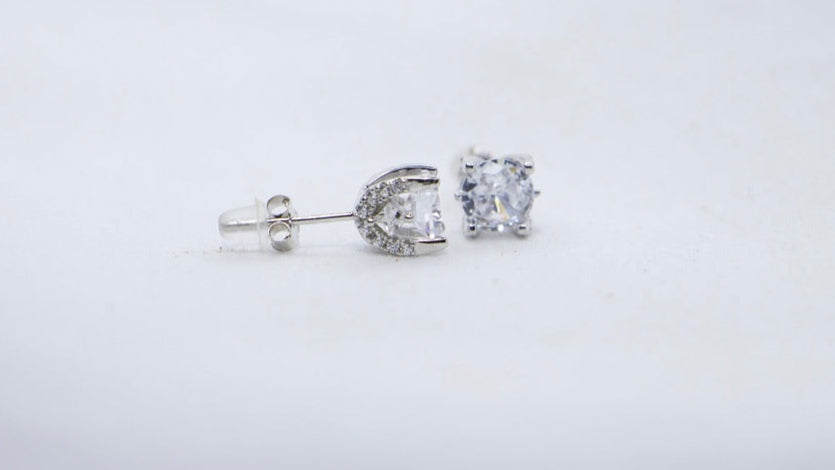 Cubic Zirconia Sterling Silver Stud Earrings - Minimalist, Hypoallergenic, Classic Gift side view. 