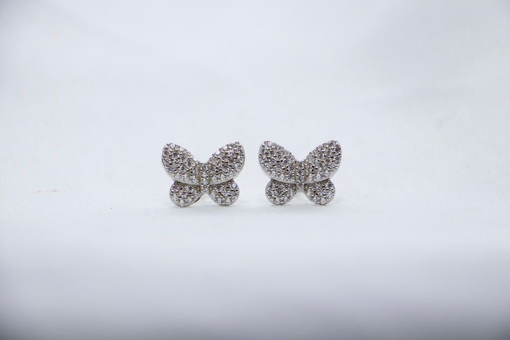 Sparkling Butterfly Stud Earrings in Sterling Silver with Clear Crystals - front view Jewelry. 
