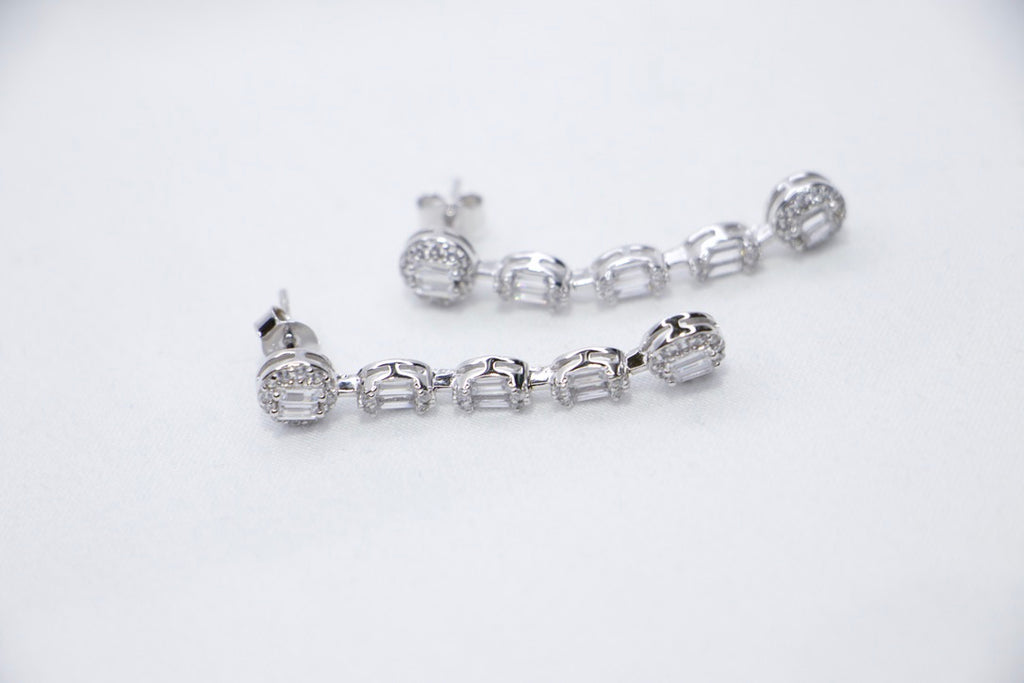 Chain Drop Earrings with Cubic Zirconia with Silver Minimalist Jewelry for Women, front side views.