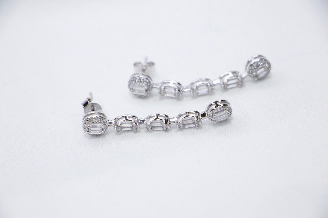 Chain Drop Earrings with Cubic Zirconia with Silver Minimalist Jewelry for Women, front side views.