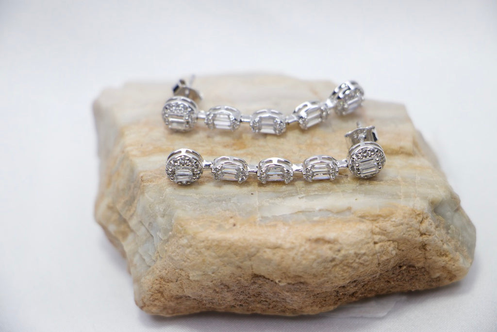 Chain Drop Earrings with Cubic Zirconia with Silver Minimalist Jewelry for Women, front side view rock. 