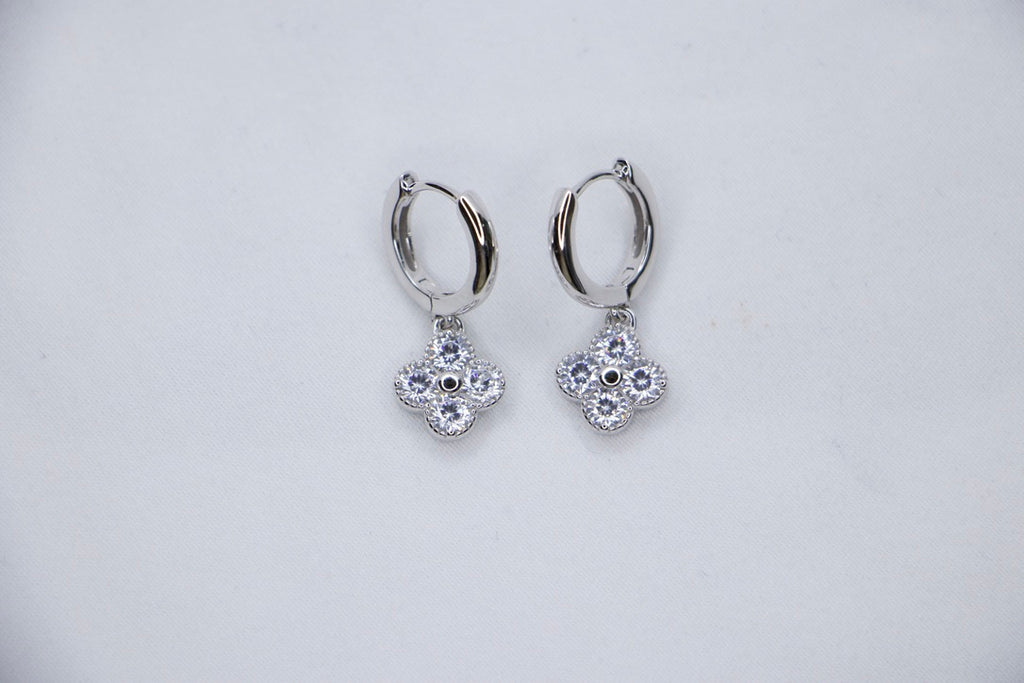 Clover Hoop Earrings with Cubic Zirconia and Good Luck Charm Jewelry for Women, front view.