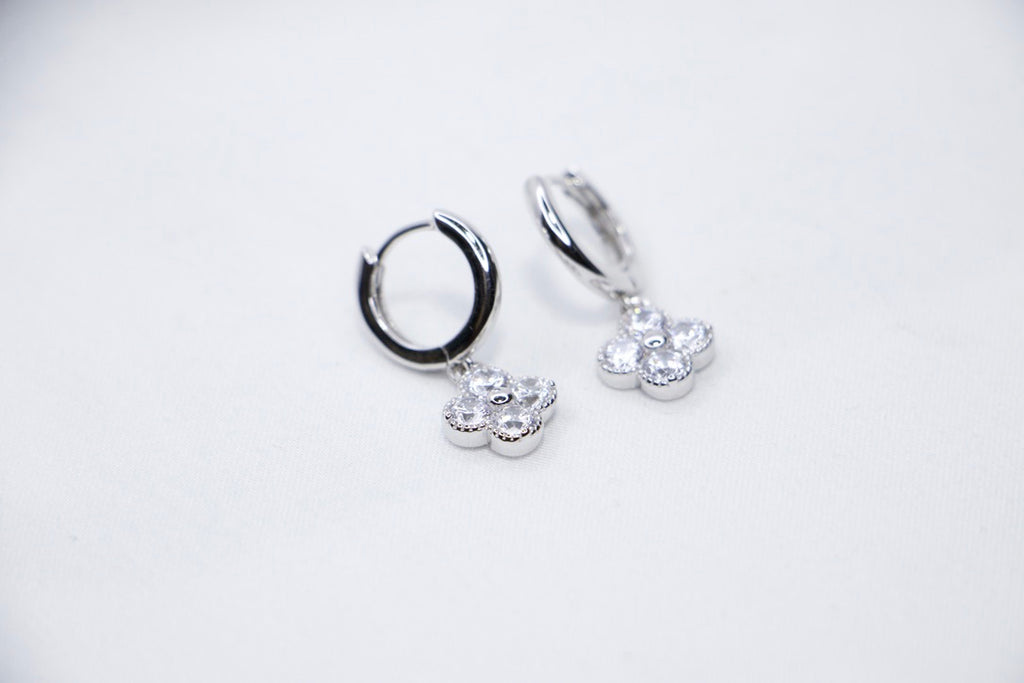 Clover Hoop Earrings with Cubic Zirconia and Good Luck Charm Jewelry for Women, front sides view.