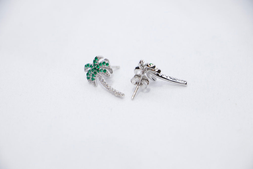Palm Tree Stud Earrings with green Cubic Zirconia Tropical Summer Jewelry back view. 