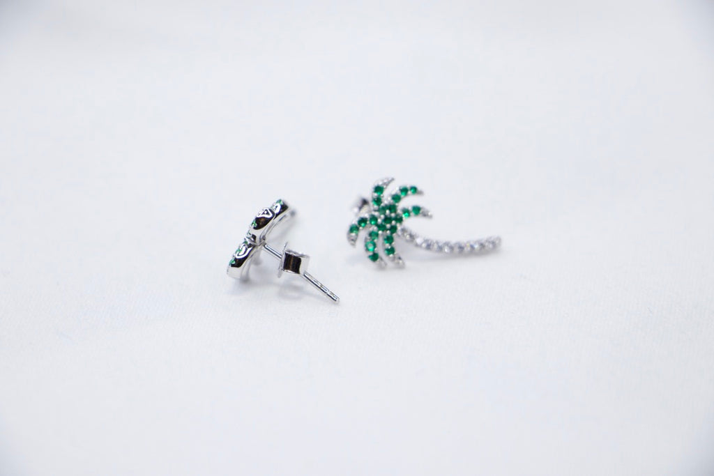 Palm Tree Stud Earrings with green Cubic Zirconia Tropical Summer Jewelry side view. 