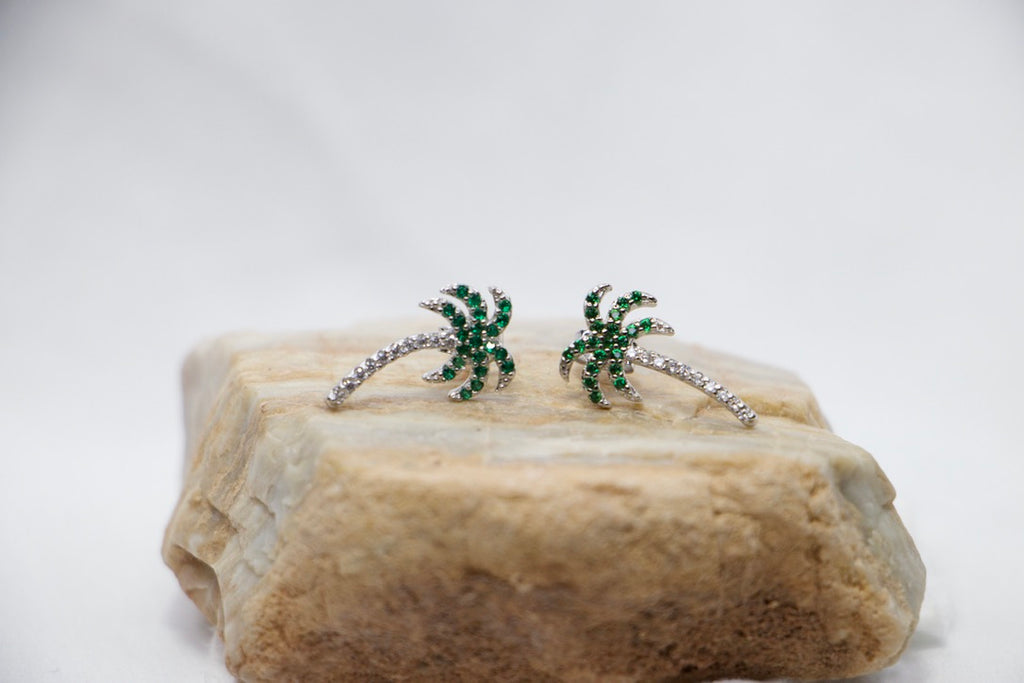 Palm Tree Stud Earrings with green Cubic Zirconia Tropical Summer Jewelry front view rock. 