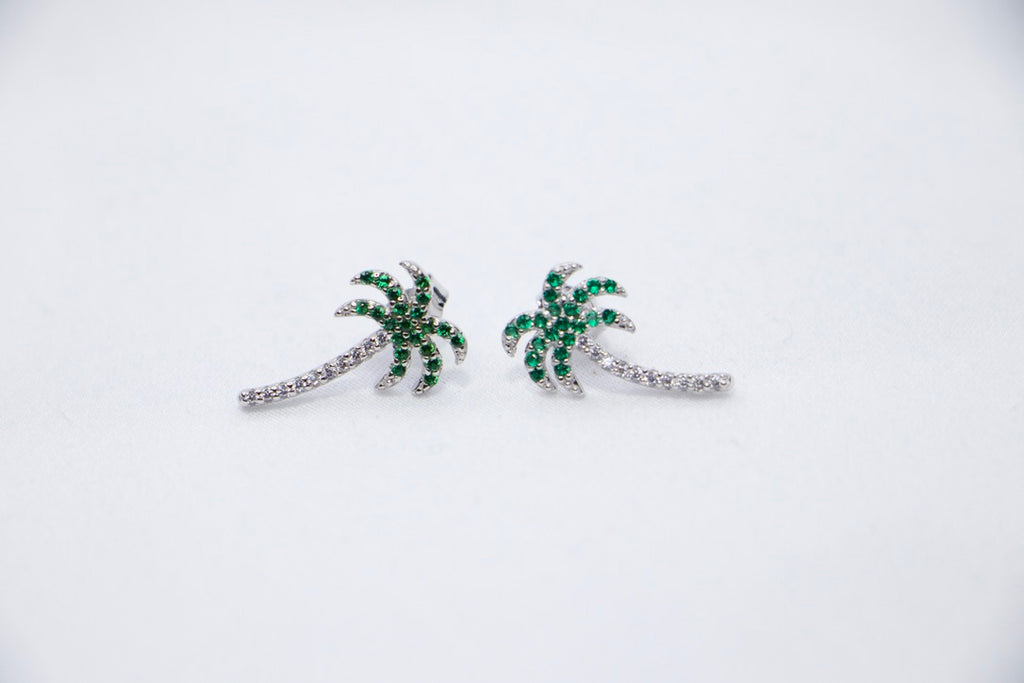 Palm Tree Stud Earrings with green Cubic Zirconia Tropical Summer Jewelry front view. 