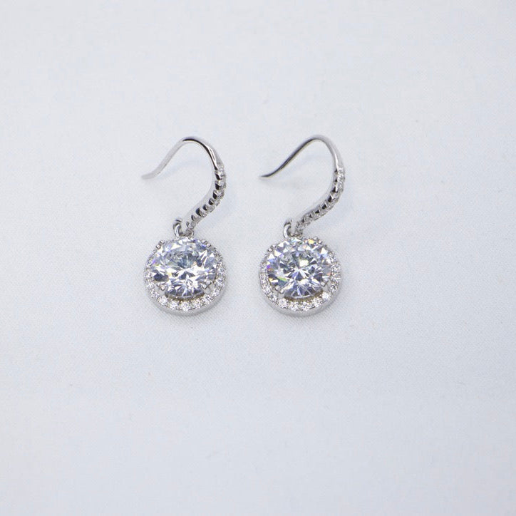 Sterling Silver Halo Crystal Dangle Earrings front view.