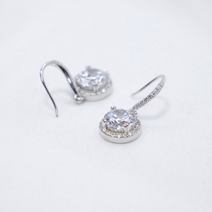 Sterling Silver Halo Crystal Dangle Earrings sides top. 