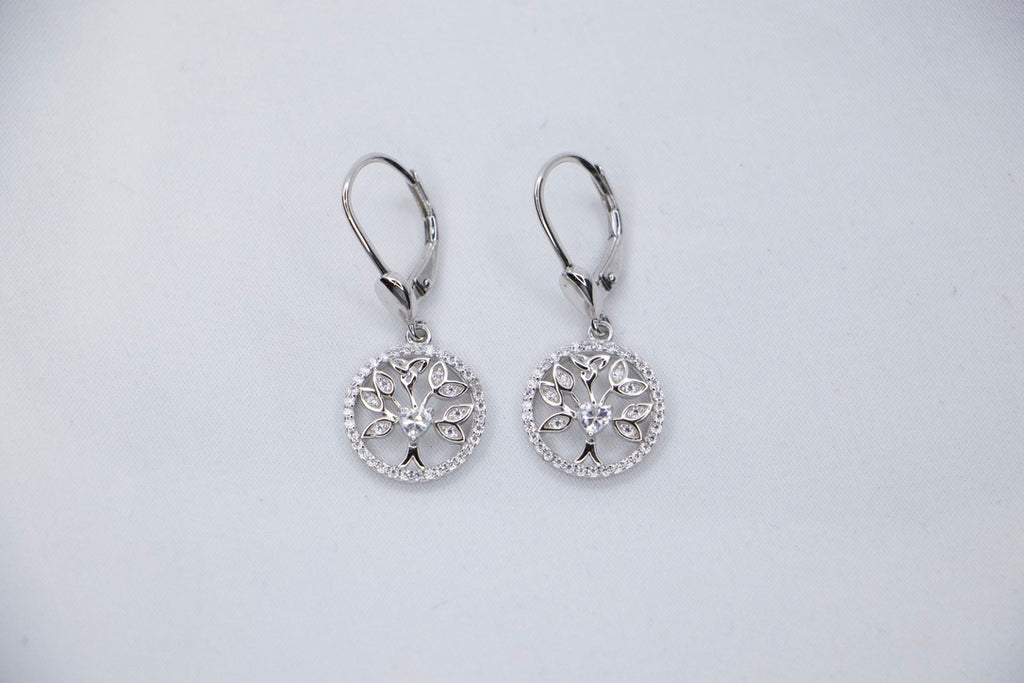 Tree of Life Drop Earrings with Cubic Zirconia with Sterling Silver Design Jewelry for Women front view. 