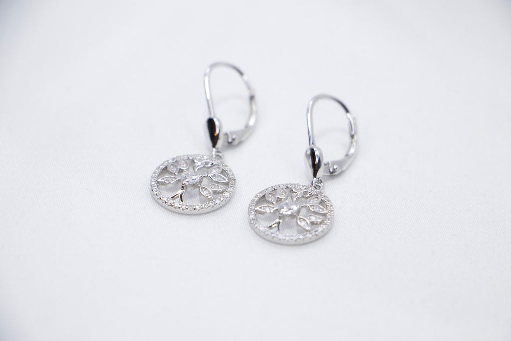 Tree of Life Drop Earrings with Cubic Zirconia with Sterling Silver Design Jewelry for Women bottom view. 