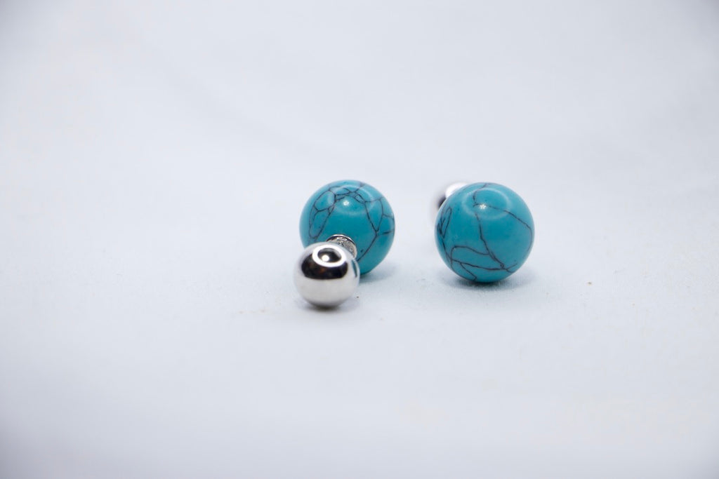 Turquoise Stone Double-Ball Sterling Silver Earrings - Boho Minimalist Jewelry, backside view.