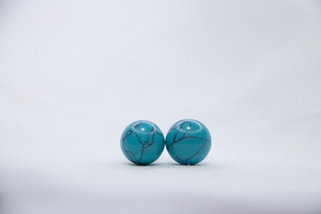 Turquoise Stone Double-Ball Sterling Silver Earrings - Boho Minimalist Jewelry, front views.