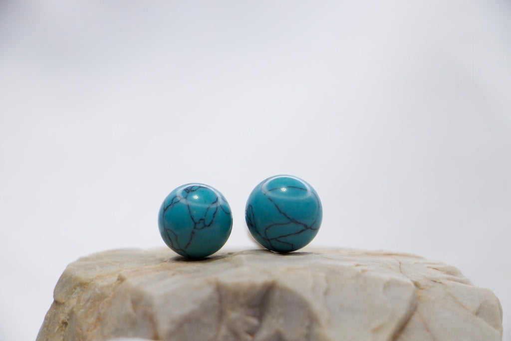 Turquoise Stone Double-Ball Sterling Silver Earrings - Boho Minimalist Jewelry, front view.