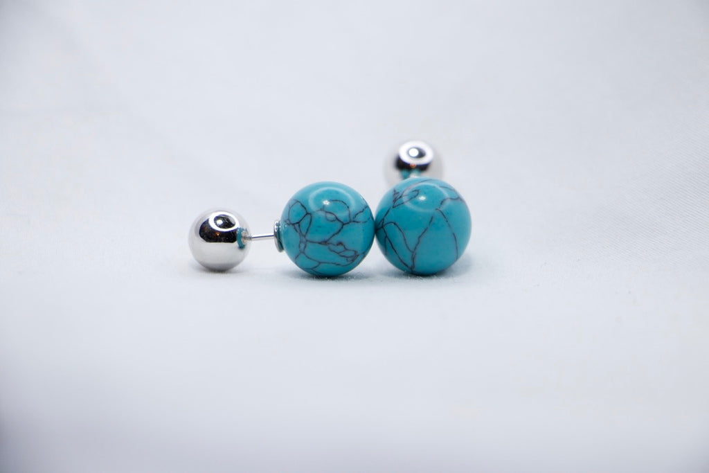 Turquoise Stone Double-Ball Sterling Silver Earrings - Boho Minimalist Jewelry, Side view.