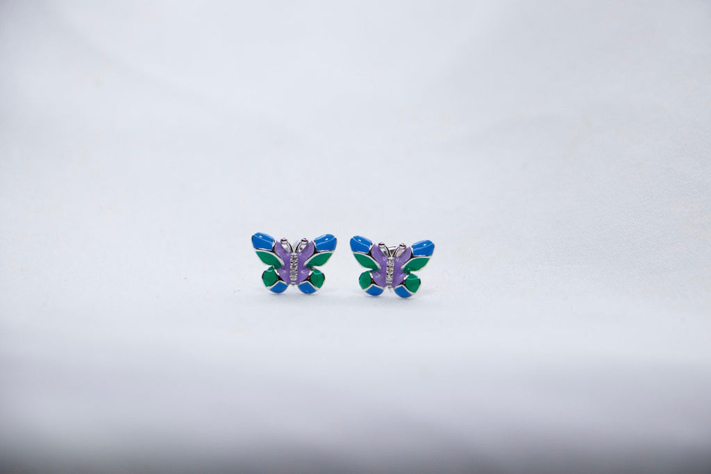 Colorful Butterfly Stud Earrings in Sterling Silver with Blue, Green, and Purple Enamel front view. 