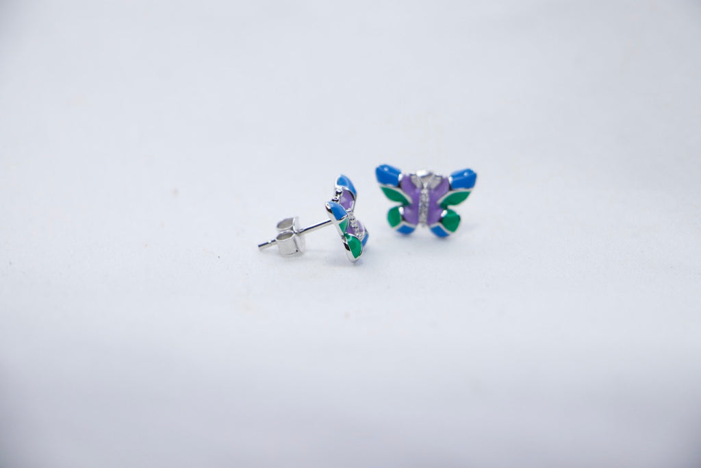 Colorful Butterfly Stud Earrings in Sterling Silver with Blue, Green, and Purple Enamel side view. 